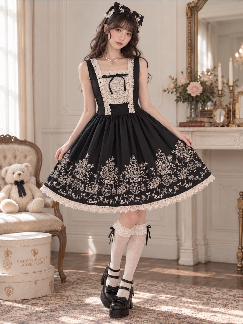 Baby the Stars Shine Bright Flower Cart Embroidery JSK II Black White Vintage S